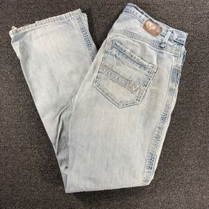 BKE Derek Mens Straight Leg Jeans Light Wash Blue Denim 34L Distressed Grunge